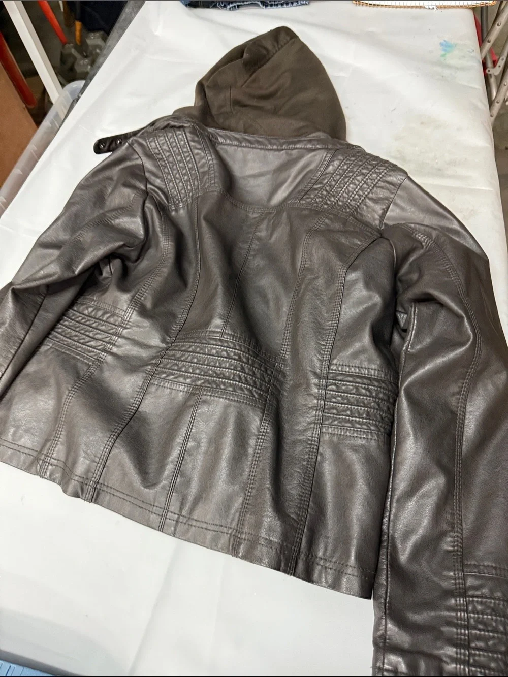 Kids Hooded Faux Leather Jean-Style Jacket in Dark Brown